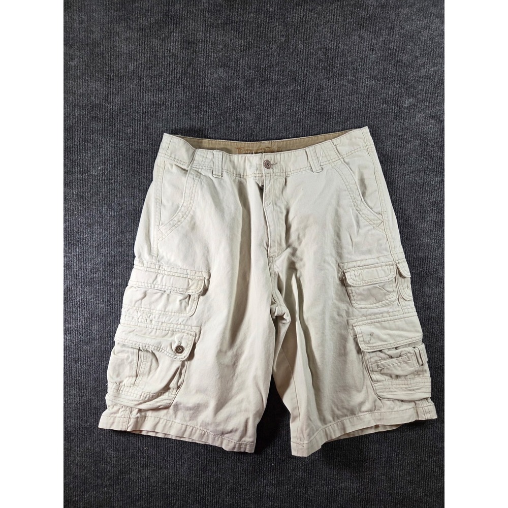 Iron Mens Khaki Cotton Twill Multi Pocket Cargo Shorts Tan Size 36 Relaxed Fit